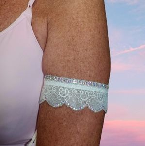 Arm Garters, Set of 2. Ivory/White, Scalloped Lace & Rhinestones. Adjustable